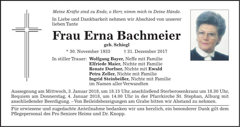 Traueranzeige Erna Bachmeier