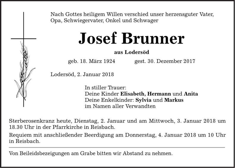 Traueranzeige Josef Brunner
