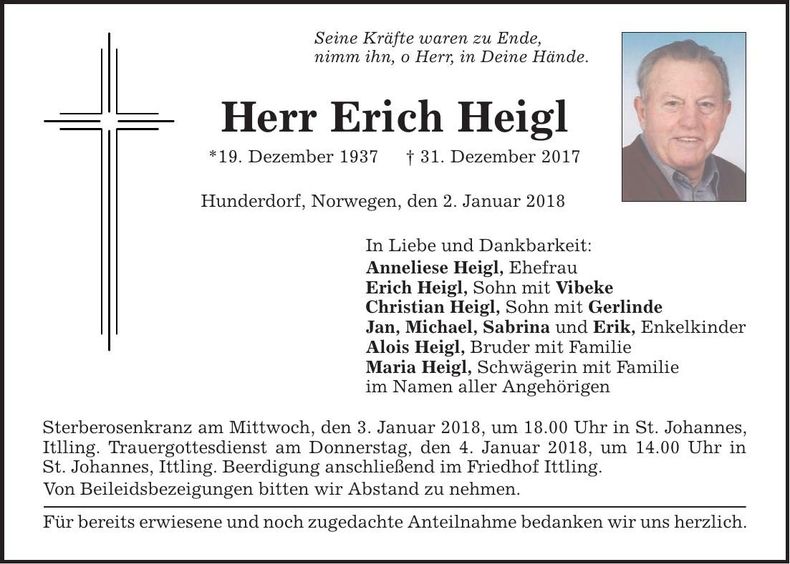 Traueranzeige Erich Heigl
