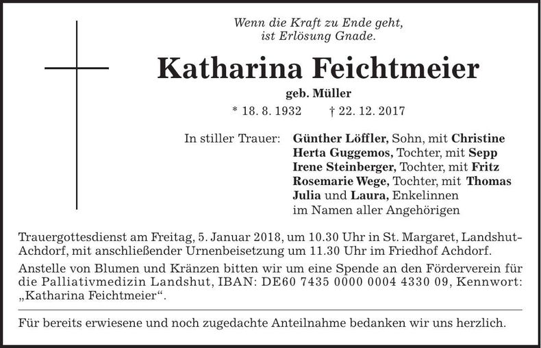 Traueranzeige Katharina Feichtmeier