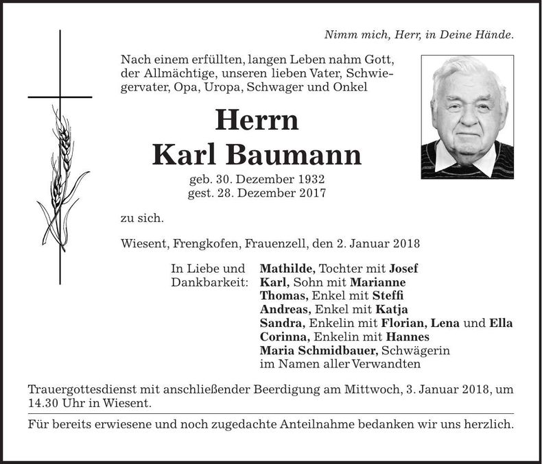 Traueranzeige Karl Baumann