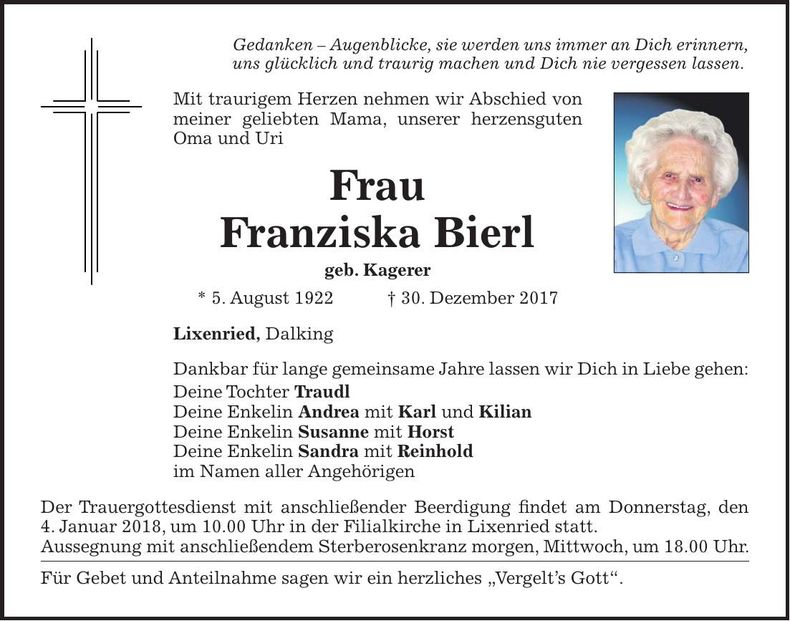 Traueranzeige Franziska Bierl