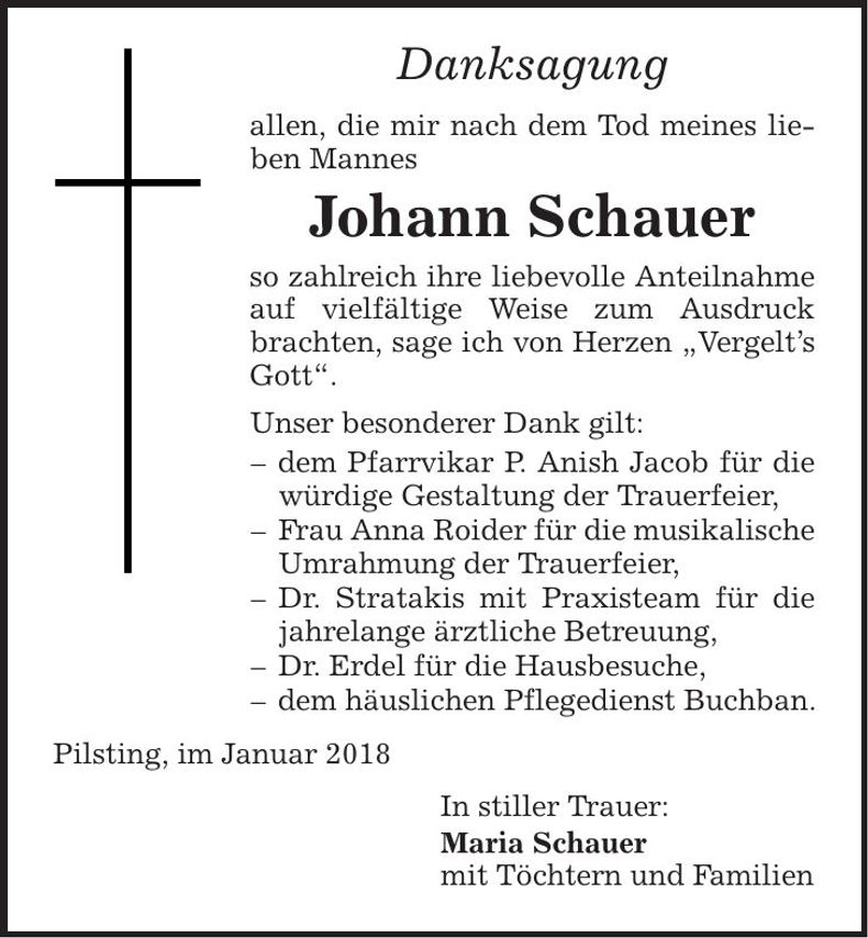 Traueranzeige Johann Schauer
