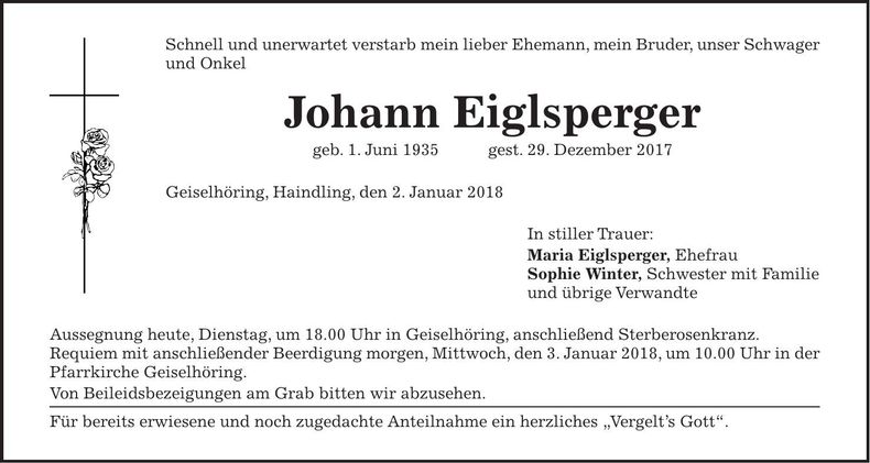 Traueranzeige Johann Eiglsperger