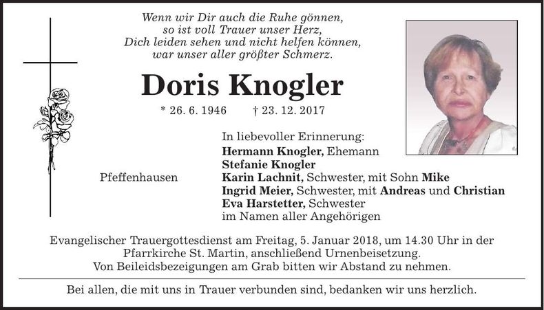 Traueranzeige Doris Knogler