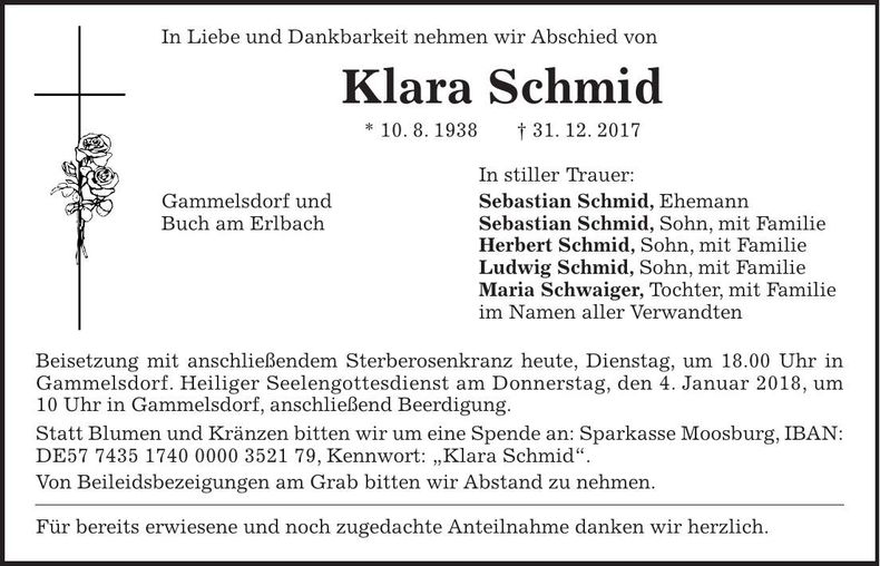 Traueranzeige Klara Schmid