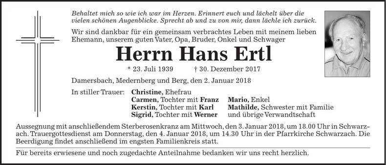 Traueranzeige Hans Ertl