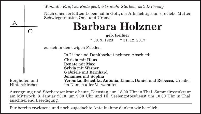 Traueranzeige Barbara Holzner