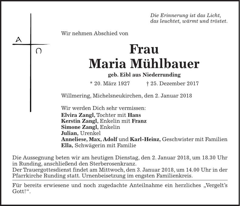Traueranzeige Maria Mühlbauer