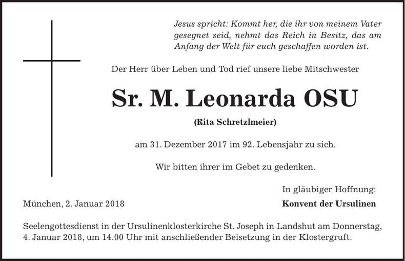 Traueranzeige Rita Schretzlmeier