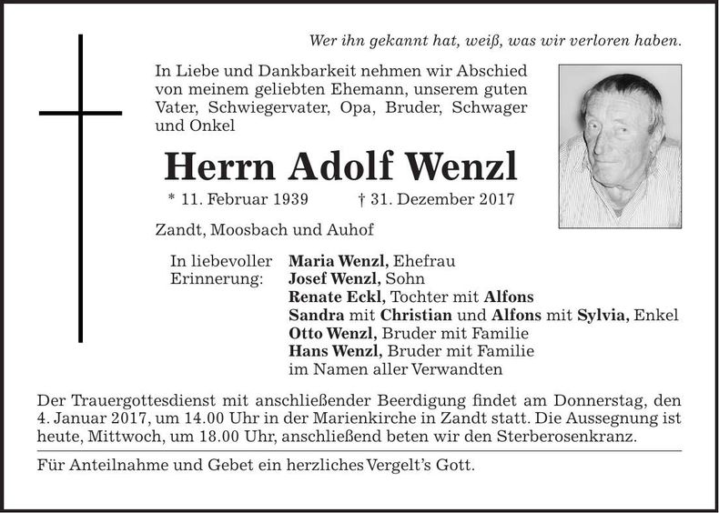Traueranzeige Adolf Wenzl