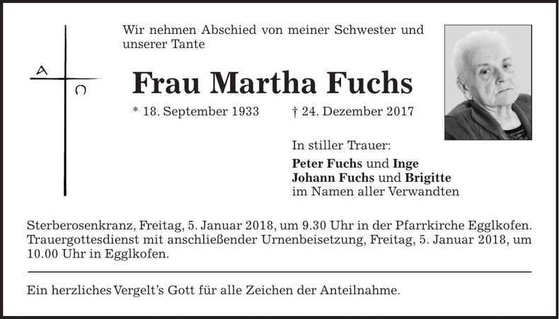 Traueranzeige Martha Fuchs