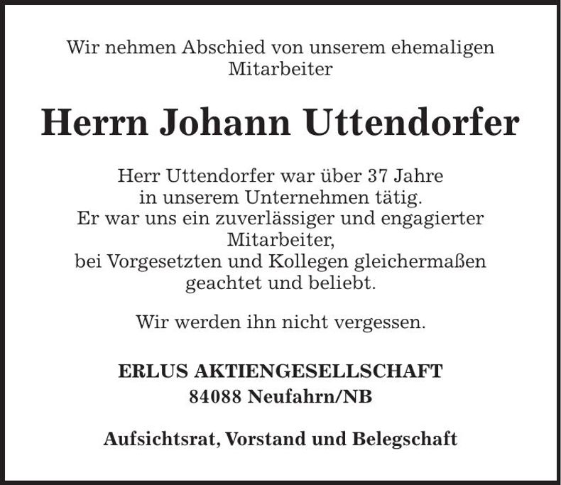 Traueranzeige Johann Uttendorfer