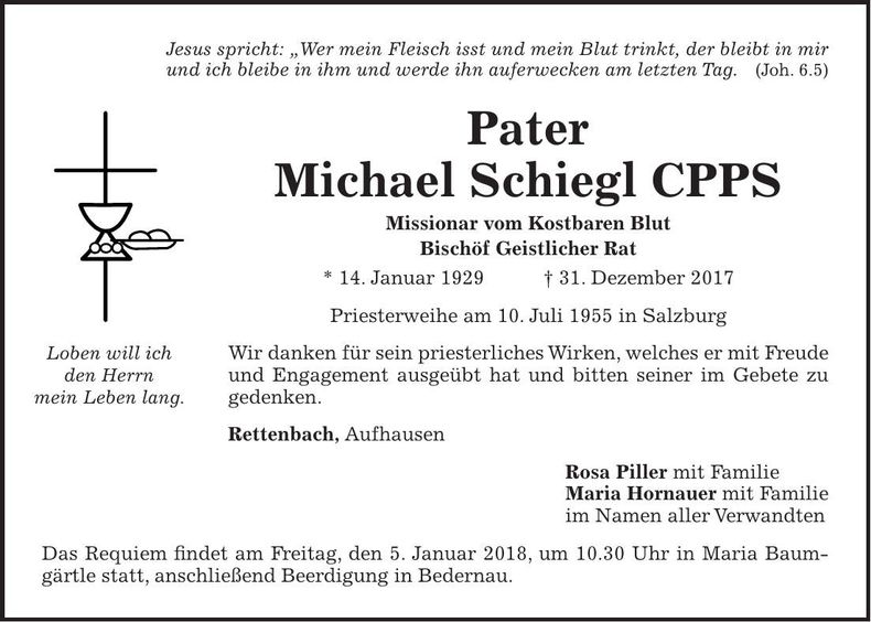 Traueranzeige Pater Michael Schiegl