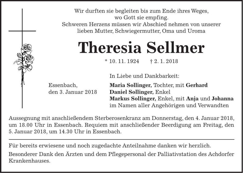 Traueranzeige Theresia Sellmer