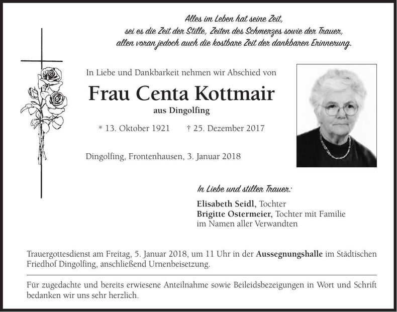 Traueranzeige Centa Kottmair