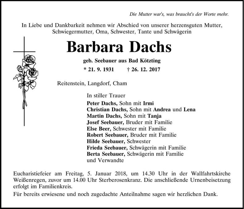 Traueranzeige Barbara Dachs
