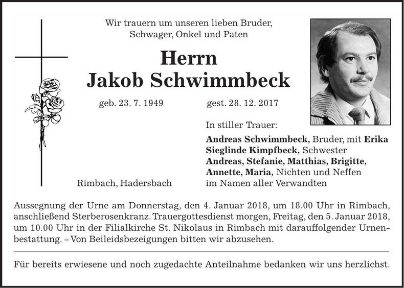 Traueranzeige Jakob Schwimmbeck