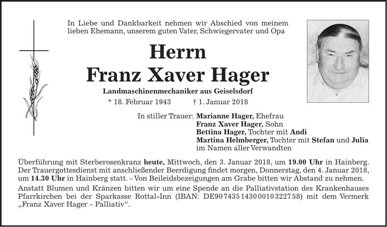 Traueranzeige Franz Xaver Hager