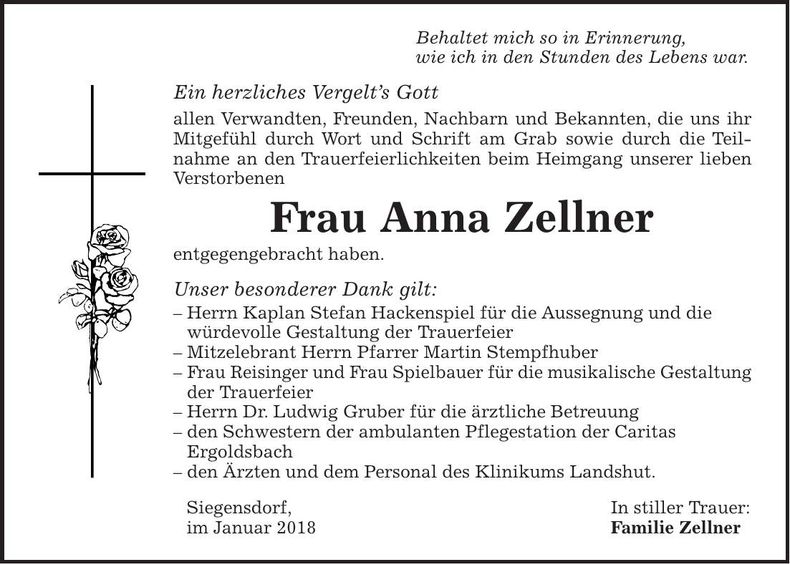 Traueranzeige Anna Zellner