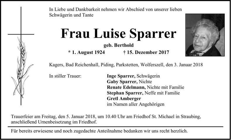 Traueranzeige Luise Sparrer