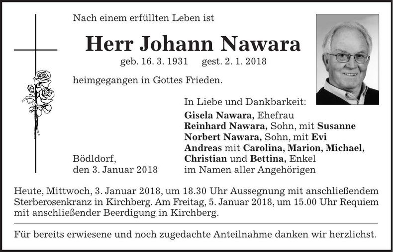 Traueranzeige Johann Nawara