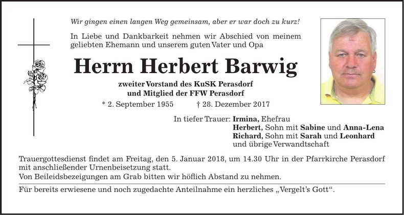 Traueranzeige Herbert Barwig