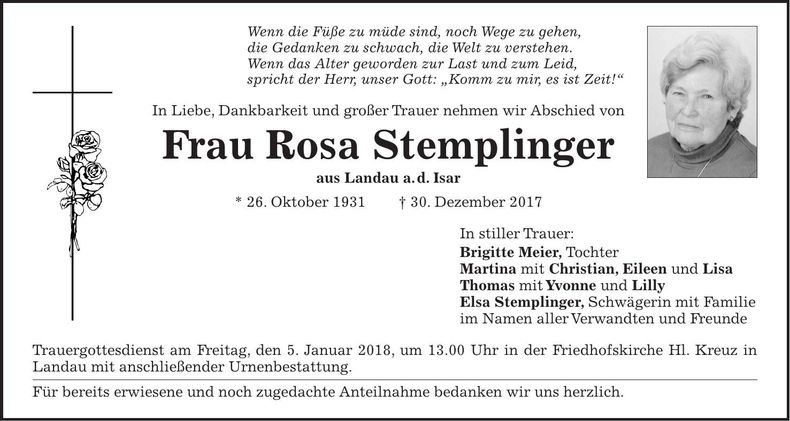 Traueranzeige Rosa Stemplinger