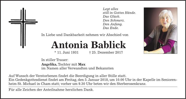 Traueranzeige Antonia Bablick