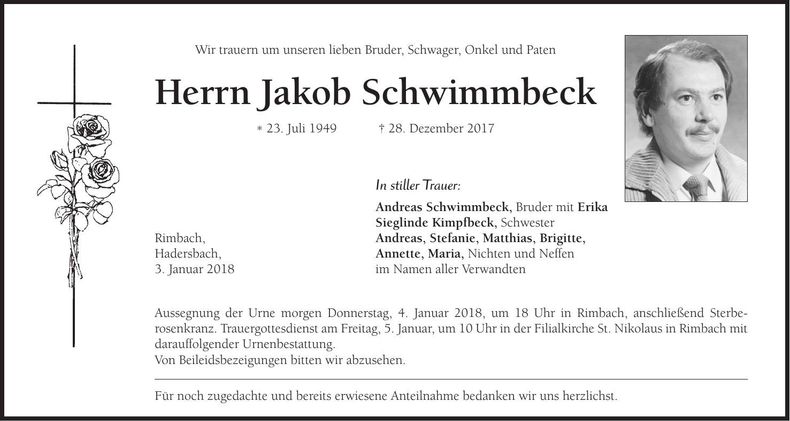 Traueranzeige Jakob Schwimmbeck