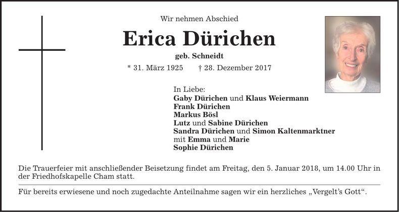Traueranzeige Erica Dürichen