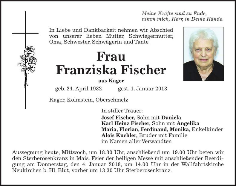 Traueranzeige Franziska Fischer