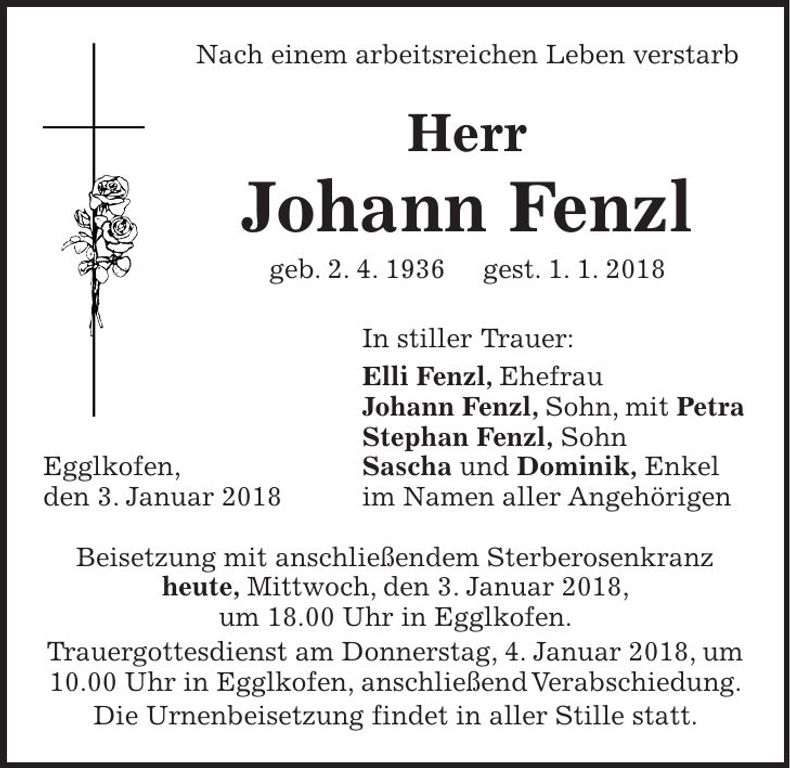 Traueranzeige Johann Fenzl