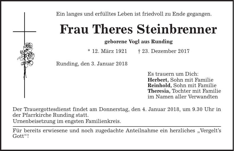 Traueranzeige Theres Steinbrenner