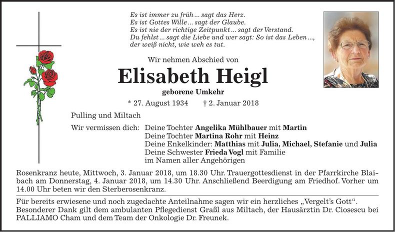 Traueranzeige Elisabeth Heigl