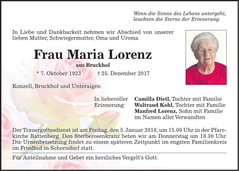 Traueranzeige Maria Lorenz