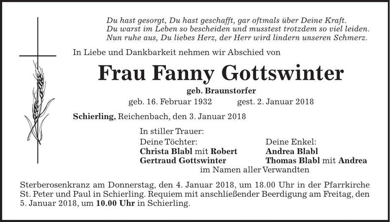 Traueranzeige Fanny Gottswinter