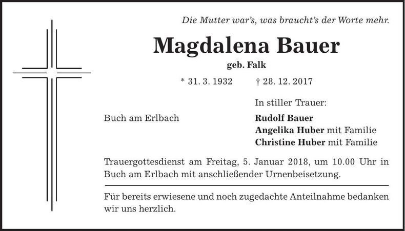Traueranzeige Magdalena Bauer