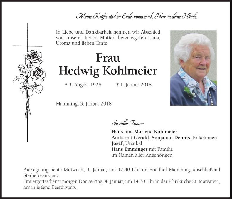 Traueranzeige Hedwig Kohlmeier