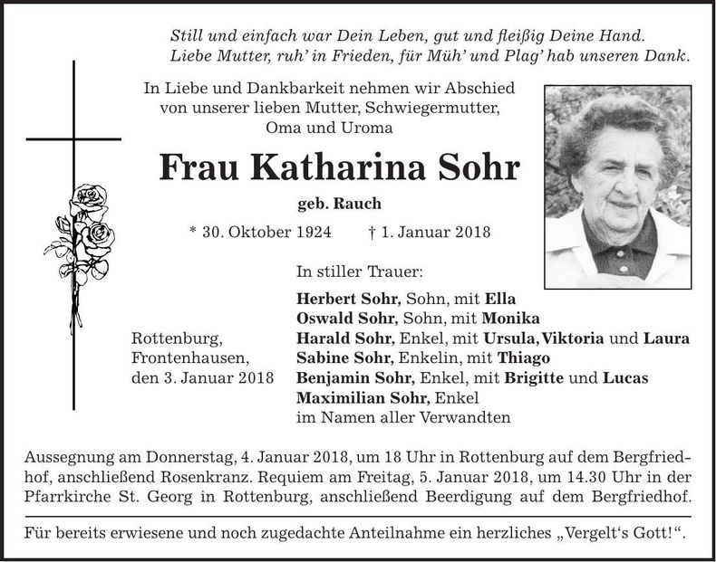 Traueranzeige Katharina Sohr