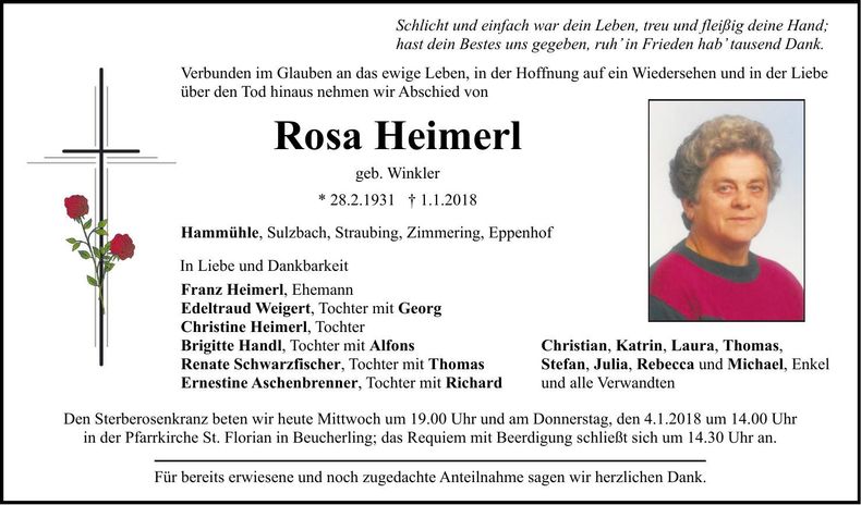 Traueranzeige Rosa Heimerl