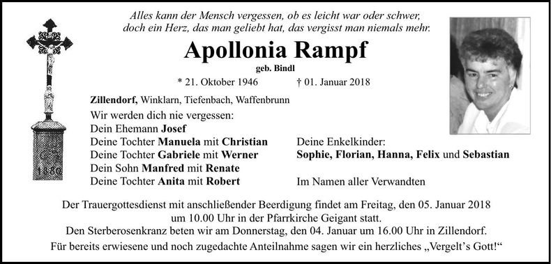 Traueranzeige Apollonia Rampf