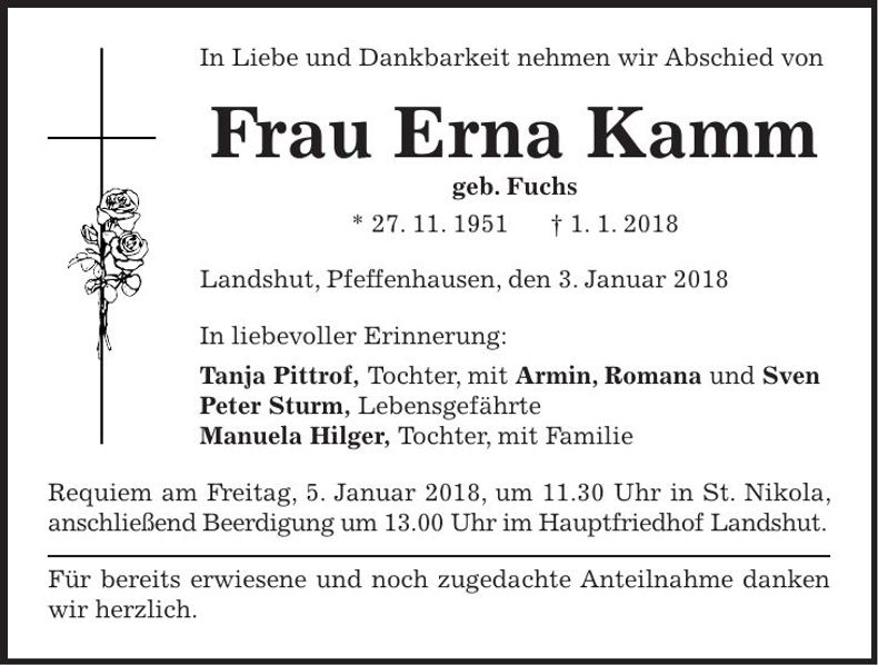 Traueranzeige Erna Kamm