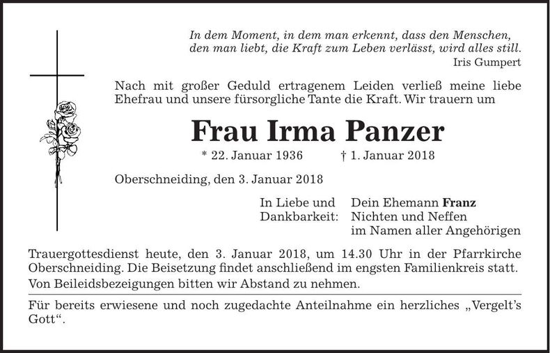 Traueranzeige Irma Panzer