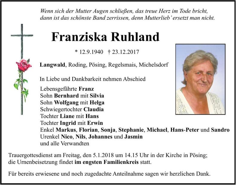 Traueranzeige Franziska Ruhland
