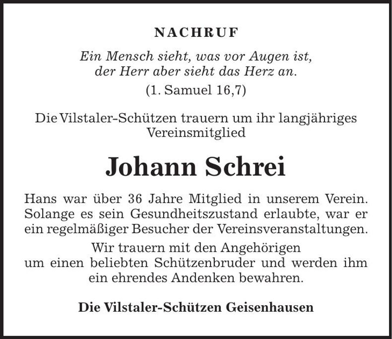 Traueranzeige Johann Schrei