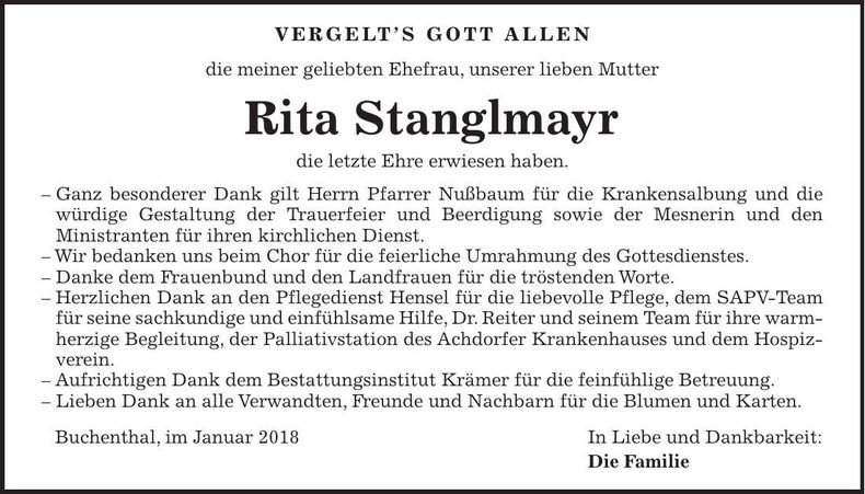 Traueranzeige Rita Stanglmayr
