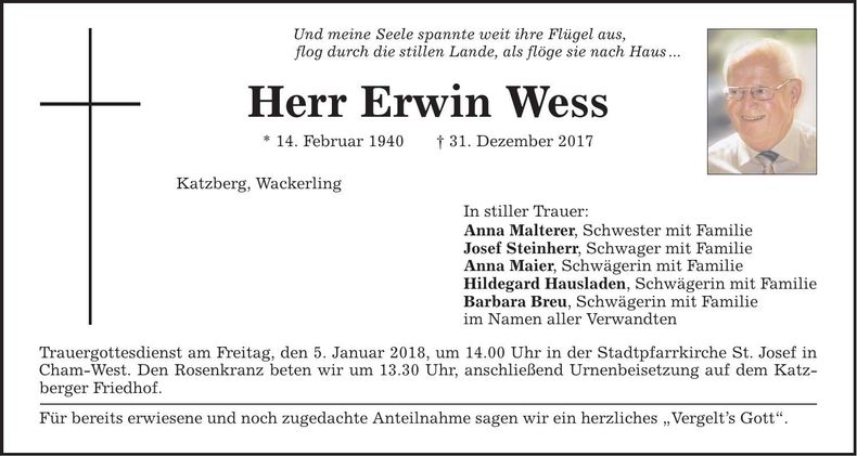 Traueranzeige Erwin Wess
