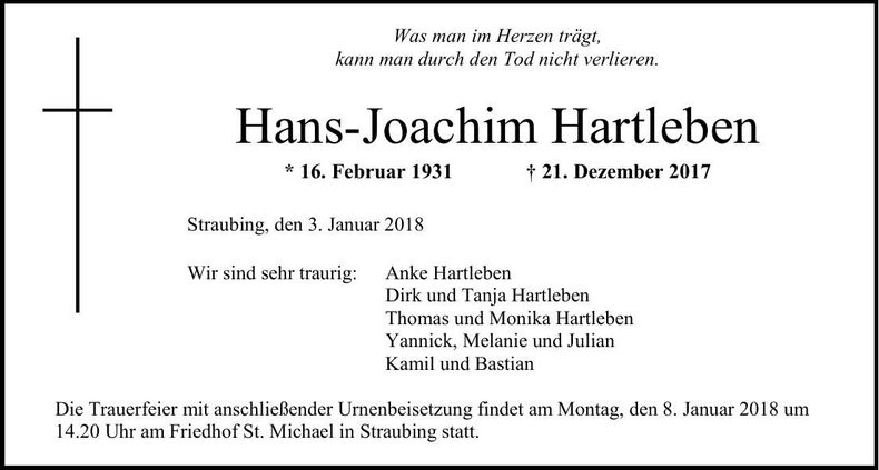 Traueranzeige Hans-Joachim Hartleben