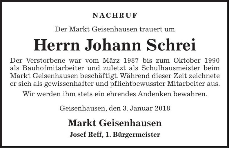 Traueranzeige Johann Schrei